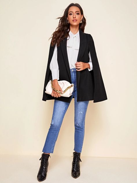 Cape Blazer Outfit Classy, Black Shawl Collar Party Blazer, Black Cape Blazer Outfit, Cape Blazer Outfit, Chic Black Cape With Cape Sleeves, Cape Outfit, Cape Blazer, Casual Blazer, Black Blazer