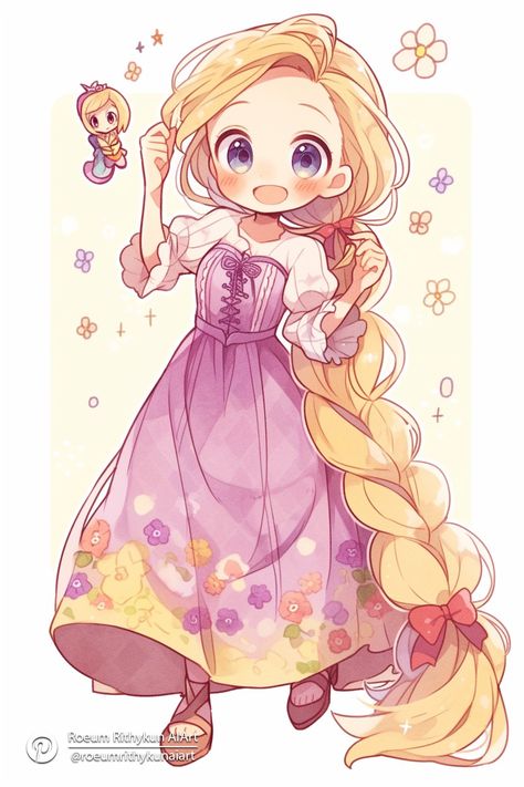 Disney Anime Style Fan Art, Anime Princess Drawing, Disney Princesses Anime, Disney Princess Anime Art, Disney Fan Art Princesses, Kawaii Disney Characters, Disney Cute Characters, Rapunzel Anime, Rapunzel Art