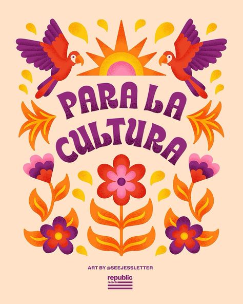 In classic Latina form, I’m late in saying Happy Hispanic/Latinx Heritage Month to mi gente! 💃🏽🪘🎺⁠ ⁠ “Para la cultura” means “for the culture” 💕 Work created for @republicrecords last year⁠ ⁠ PS - This song is my grandma’s favorite cumbia and it goes HARD 🤘🏽 Latino Design, Latinx Heritage Month, Latina Art, Celebration Illustration, Republic Records, Spanish Posters, For The Culture, Hispanic Culture, Red Carnation