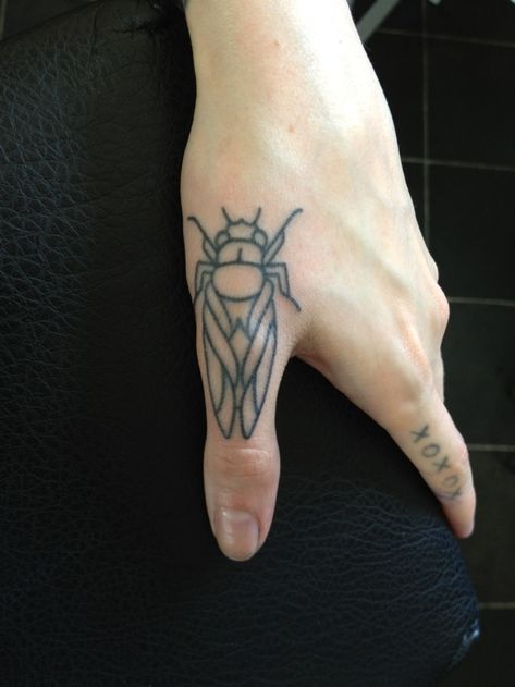 Really lean into it with a cicada tattoo. Insect Tattoos, Cicada Tattoo, Thumb Tattoos, Insect Tattoo, Bug Tattoo, Sick Tattoo, Handpoke Tattoo, 4 Tattoo, Poke Tattoo