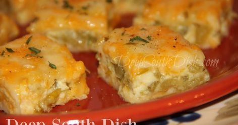 Green Chile Cheese Squares from Deep South Dish website. Perfect as an appetizer for entertaining, these fluffy, gooey, cheesy, Green Chile Cheese Squares also fit well for a brunch or buffet, and they're good at room temperature or served warm. Keto Chile, John Wayne Casserole, Cheese Squares, Deep South Dish, Green Chili, Deep South, Favorite Appetizers, Green Chile, Mexican Dishes