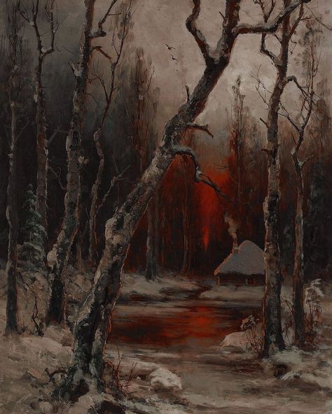 Dark & Gloomy on Instagram: “Sunset over the Winter Forest, 1881. Painted by Heinrich Gogarten (1850-1911)” Eerie Landscape Painting, Gothic Landscape Art, Creepy Landscapes Art, Dark Forest Landscape Painting, Gothic Landscape Painting, Eerie Paintings, Fantasy Winter Landscape, Creepy Landscapes, Dark Landscape Painting