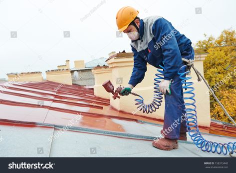 roofer builder worker with pulverizer spraying paint on metal sheet roof Royalty Free image photo Metal Roof Coating, Metal Roof Repair, Cashiers Check, Metal Roof Installation, Roof Restoration, Roof Paint, Roof Coating, Commercial Roofing, Painting Contractors