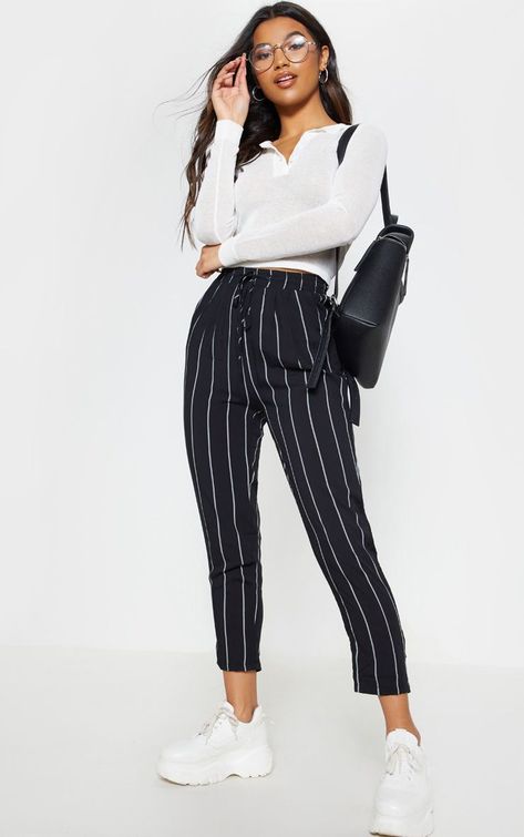 Black Pin Stripe Casual Trousers Work casual vibes in these trousers. Featuring a black pins... Black And White Striped Pants, Casual Outfits For Girls, Chloe Scantlebury, Form Outfits, Sixth Form Outfits, Oufits Casual, Cheap Pants, Pinstriping Designs, Casual Outfits For Teens