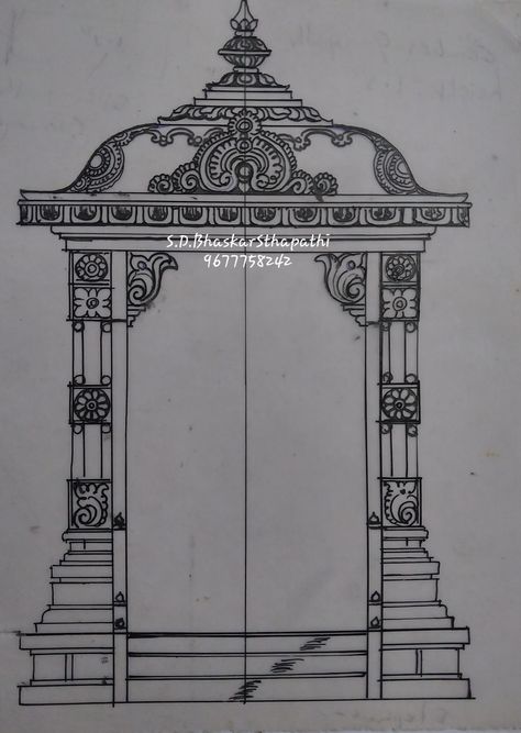 Prabhavali Design Sketch, Pooja Mandapam Designs, Gopuram Drawing, Gopuram Painting, Gopuram Designs, Temple Drawing Indian Simple, Mandap Design, Temple Drawing, Ancient Drawings