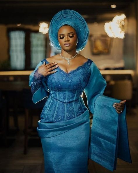 Teal Asoebi, Ankara Blazer, Marriage Outfit, Cultural Clothes, Asoebi Style, Nigerian Fashion Designers, Yoruba Bride, Nigerian Lace Styles Dress, Yoruba Wedding