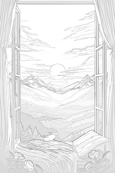 Find and Download any topic for coloring such as flower, floral, mandala, animals, fantasy, holidays, words and much more #coloring #coloringpages #coloringbooks #coloringadults #kids #printable Window Perspective Drawing, Perspective Drawing Nature, Window View Sketch, Window Drawing Sketch, Open Window Drawing, Window View Drawing, Scenery Coloring Pages, Window Sketch, Mandala Animals