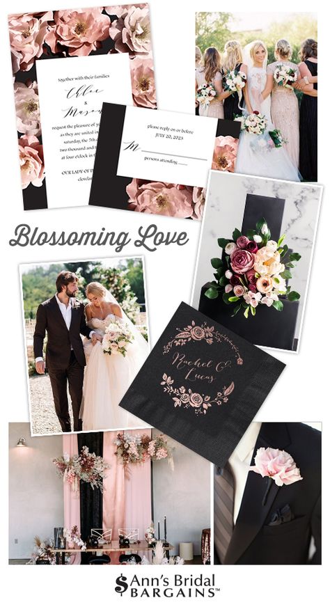 Get this look: Blossoming Love. Feminine blush and striking black come together in sweet harmony on this wedding mood board. Perhaps the perfect combination of want you want and what he wants, this look will make your wedding-planning-heart skip a beat! Now, let’s show you how to pull off this look while keeping your wedding wallet happy. Pink Grey And Black Wedding Color Schemes, Blush And Black Wedding, Dusty Rose Wedding Theme, Dusty Rose Wedding Colors, Spring Wedding Color Palette, Black Taper Candles, Dusty Pink Weddings, Mauve Wedding, Garden Theme Wedding