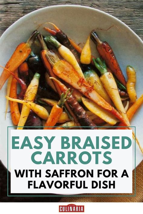 A plate of colorful braised carrots in a saffron-infused glaze, showcasing a mix of colorful varieties. Braised Carrots Recipe, Braised Carrots, Starch Sides, Carrot Dishes, Carrots Recipe, Sherry Vinegar, Easy Side Dish, Potato Sides, Carrot Recipes