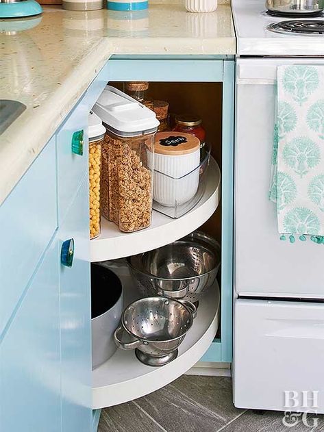 Itty Bitty Kitchen Storage lazy susan What Do You Put In A Lazy Susan Cabinet, Pearl Countertop, Aesthetic Home Design, Countertop Edges, Shelves Large, Lazy Susan Cabinet, Awkward Corner, Smart Building, Fridge Shelves