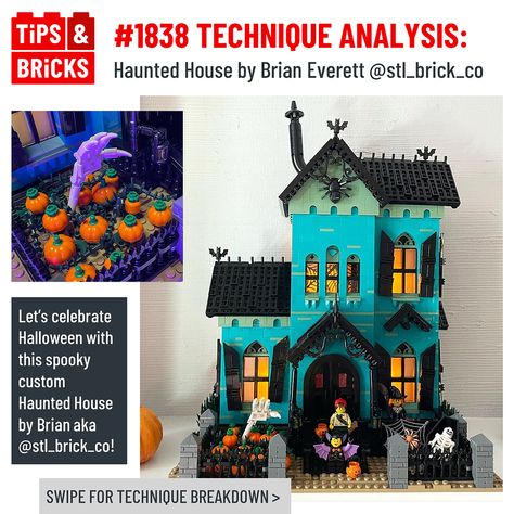 Halloween is nearly upon us, so let's take a look at a stunningly spooky custom Haunted House! The model was built by Brian Everett as an annual tradition that his kids look forward to every year. The distinct (and rather eerie) turquoise colour scheme isn't the only thing that stands this build out; there are many unique techniques that we'll break down in today's post!Brian shared a lot of the building process on his Instagram story - in particular it was interesting to see him sketching out Lego Haunted House Diy, Lego Haunted House, Halloween Lego, Turquoise Color Scheme, Lego Winter Village, Horror Room, Lego Village, Haunted House Diy, Spooky Ideas