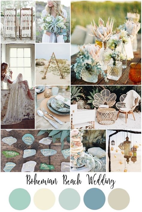 From sea glass to hanging lanterns - the perfect inspiration board for all you boho brides having a destination wedding on the beach! Sea Glass Color Wedding Theme, Boho Seaglass Wedding, Sea Glass Beach Wedding, Beach Wedding Colors Palette, Beach Wedding Colours, Boho Beach Wedding Color Schemes, Colors For Beach Wedding, Beach Wedding Palette, Sea Glass Wedding Colors