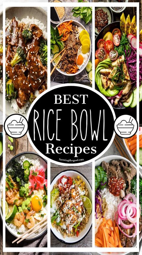 Are you looking for inspiration for some absolutely mouthwatering rice bowl recipes? If so then this is the list for you! With a wide variety of options from Korean bibimbap and Japanese sushi style to Mexican themed and even flavorful Indian cuisine.  These rice bowl recipes are easy and have delicious toppings. Choose from chicken rice bowls, vegan rice bowls and other healthy bowl recipes. Good Bowl Recipes, Fish And Rice Bowl Recipes, Chinese Bowls Recipes, Crockpot Bowl Recipes, Box Rice Recipes, Recipes For Rice Bowls, Rice For Bowls, Easy Korean Rice Bowl, Rice Toppings Recipes Meals