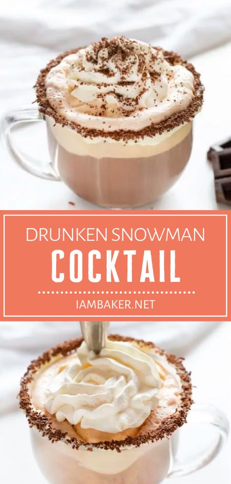 This alcoholic drink will warm you up this Christmas in July! Vanilla cream is topped with hot chocolate and Baileys to make this Drunken Snowman Cocktail. Grab your most festive mugs and dip the rims into chocolate shavings! You can never go wrong with this recipe! Drunken Snowman, Snowman Cocktail, Hot Chocolate Baileys, Baileys Drinks, Christmas Drinks Alcohol Recipes, Xmas Drinks, Christmas Drinks Recipes, Cocktail Christmas, Christmas Drinks Alcohol