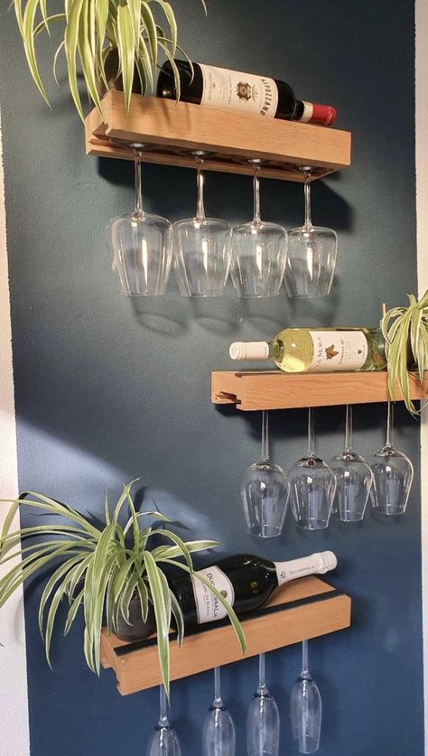 Wine Rack Bar Ideas, Wine Glass Storage Ideas Small Spaces, Wine Shelves Kitchen, Wine Corner Ideas Small Spaces, Wine Area Ideas Small Spaces, Coffee And Wine Bar Ideas Small Spaces, Corner Bar Shelves, Wine Glass Display Ideas, Wine Shelf Ideas