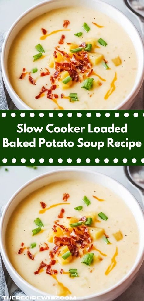 Looking for an easy soup for dinner? This Slow Cooker Loaded Baked Potato Soup is your answer. With simple ingredients and a hands-off cooking method, it delivers unbeatable flavor and satisfaction for everyone." Loaded Baked Potato Soup Recipe, Creamy Cheesy Potatoes, Baked Potato Soup Recipe, Loaded Baked Potato, Loaded Baked Potato Soup, Baked Potato Soup, Loaded Baked Potatoes, Easy Soup, Potato Soup Recipe