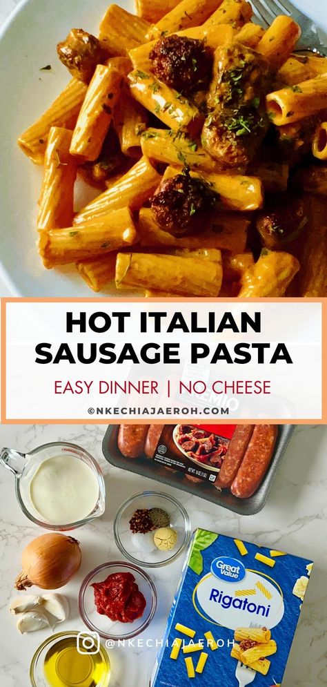 Creamy Hot Italian Sausage Pasta with Rigatoni - Nkechi Ajaeroh Sunday Dinner Quick, Sausage Pasta Recipe, Dinner Experience, Dinner Quick, Italian Sausage Pasta, Hot Italian Sausage, Sausage Pasta, Rigatoni, Pasta Recipe