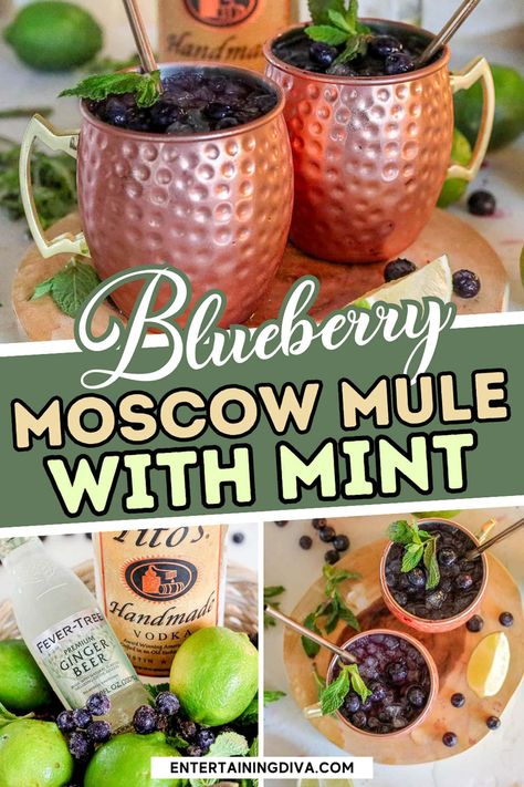 Blueberry Moscow Mule With Mint | Food  Drink Blueberry Mule, Blueberry Moscow Mule, Blueberry Mocktail, Blueberry Drink, Party Food Summer, Party Food Ideas For Adults, Summer Party Recipes, Party Food Dips, Blueberry Simple Syrup