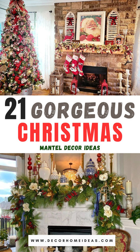 Elevate your holiday decor with these 21 gorgeous Christmas mantel ideas that bring charm and warmth to your home. From lush greenery and twinkling lights to elegant stockings and festive accents, find inspiration to create a stunning focal point that captures the spirit of the season! Christmas Mantle Decor Nutcrackers, Large Mantel Christmas Decor, Christmas Mantel With Trees, Christmas Mantle Traditional, Traditional Christmas Fireplace Decor, Red And Gold Christmas Mantle Decor, Red And Green Christmas Mantle, Tall Mantel Decorating Ideas, Decorated Christmas Mantels