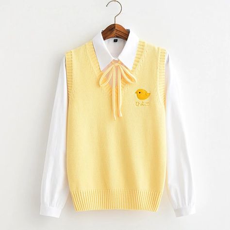 All match yellow girl style Yellow chick embroidery Bottoming sweater vest yellow rope-in Pullovers from Women's Clothing on AliExpress Kawaii Sweater, Yellow Vest, Winter Streetwear, Women Sweatshirts, Kawaii Fashion Outfits, Friends Tv, Yellow Sweater, Really Cute Outfits, Kawaii Clothes