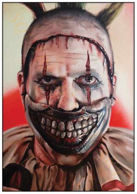 Twisty is a fabulous character and this painting was a joy to do. I love the way the jaw pops The print is professionally printed on A4 size 350gsm white card stock and will be sent in a card backed envelope Paper size is A4 or 21.0 x 29.7cm or 8.27 x 11.69 inches If you would like Horror Painting Ideas, American Horror Story Clown, Scary Icons, Creepy Portraits, Scary Pics, Horror Painting, Famous Clowns, Salvation Tattoo, Clown Paintings