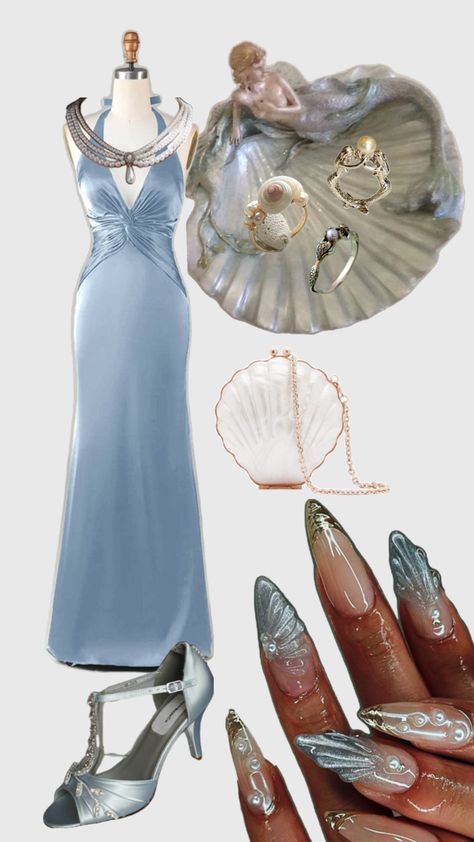 ocean themed mermaid inspired eveningwear Sirencore Dress, Dark Siren Outfit, Sirencore Aesthetic Outfits, Mermaidcore Dress, Siren Wedding, Siren Clothes, Prom Jewellery, Mermaid Things, Siren Outfit