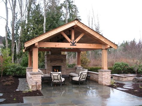 Malone's Landscape Design | Build - traditional - landscape - seattle - by Malone's Landscape Design | Build Pavilion Plans, Outdoor Covered Patio, Pavilion Architecture, Pavilion Design, Outdoor Pavilion, Outdoor Patio Ideas, Backyard Fireplace, Garden Pavilion, Backyard Gazebo