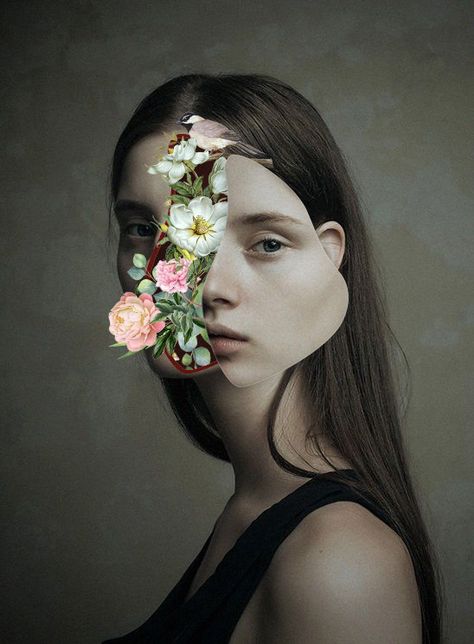 Surrealistic Art Girl with flowers Flower Final Piece Art, Surrealist Self Portrait, Surrealist Portrait Photography, Flowers Covering Face, Flowers Growing Out Of Head, Flowers Coming Out Of Head, Person With Flowers, Surreal Portrait Photography, Photoshop Art Ideas