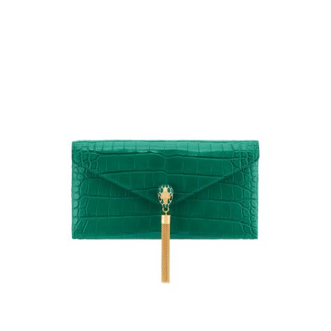 Serpenti small evening clutch in vivid emerald green shiny alligator skin with vivid emerald nappa leather lining. Captivating snakehead magnetic closure with tassel in gold-plated brass embellished with bright forest emerald and transparent enamel scales, and black onyx eyes. Small Designer Bags, Bright Forest, Designer Evening Bags, Onyx Eyes, Alligator Skin, Metal Tags, Crocodile Leather, Hand Wrap, Green Enamel