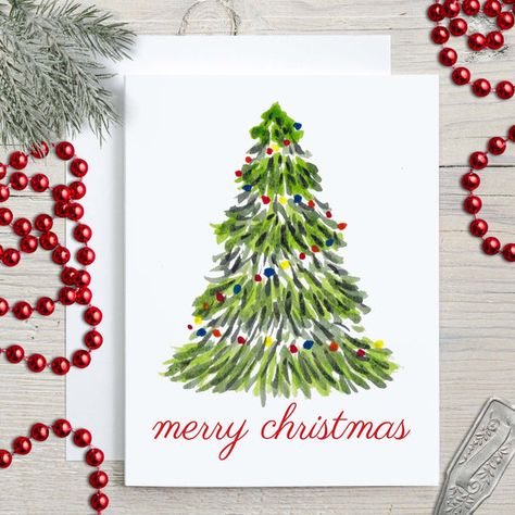 Merry Christmas Tree Watercolor Holiday Greeting Card – Maddie B Designs Hand Painted Note Cards, Hand Painted Watercolor Christmas Cards, Hand Painted Holiday Cards, Draw A Christmas Tree Easy, Watercolor Christmas Cards Ideas Simple, Christmas Tree With Colorful Lights, Watercolor Christmas Cards Tutorial, Winter Watercolor Paintings, Christmas Card Design Ideas