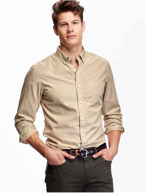 Men's Clothes: Shirts | Old Navy Tan Button Up Shirt Outfit, Tan Shirt Outfit, Tan Groomsmen, Tan Dress Shirt, Poplin Shorts, Slim Fit Mens Shirts, Shirt Outfit Men, Tan Shirt, Old Navy Men