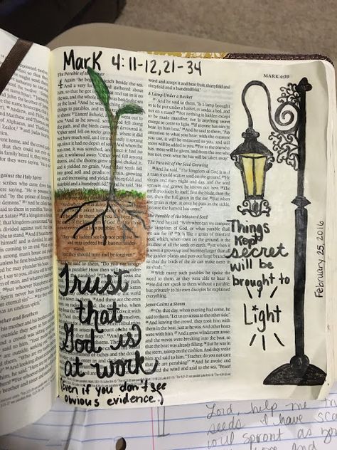 Mark 4:11-12 and 21-34 Bible Journaling Bible Journaling Mark, Mark Bible, Scripture Art Journaling, Gospel Of Mark, Bible Drawing, Bible Journaling Ideas Drawings, Bible Doodling, Bible Journal Notes, Mark 4