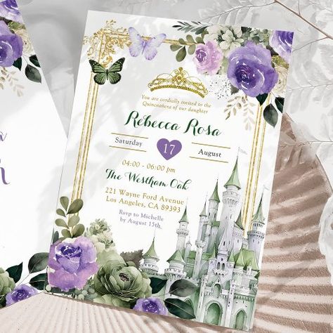 $2 | Royal Castle Lilac Purple Sage Green Quinceañera - quinceañera invitation, lilac sage green xv años, sage green flowers, lavender roses, butterfly mis quince, gold royal crown xv, royal castle mis quince, elegant grand castle quinceañera, gold sage green mis quince, elegant royal mis quince invitation Royal Castle, Purple Sage, Royal Castles, Quinceanera Invitations, Floral Butterfly, Lilac Purple, Purple Floral, Quinceanera, Sage Green