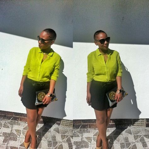 Lime Green Top Outfit, Yellow Monochromatic Outfit, Lime Green Outfit, Lime Green Outfits, Green Top Outfit, Lime Green Skirt, Lime Green Top, Satin Shirt Dress, Monochromatic Outfit