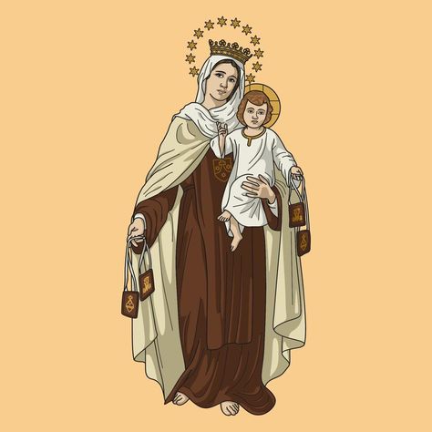 Our Lady Of Carmel, Catholic Illustration, Our Lady Of Mt Carmel, Mother Mary Pictures, Our Lady Of Mount Carmel, Virgin Mary Art, Catholic Pictures, Carmel Color, St John Paul Ii