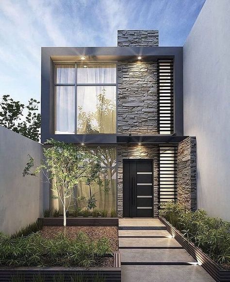 Modern Small House Design, Small House Design Exterior, House Design Exterior, Narrow House, Modern House Facades, Modern Exterior House Designs, Minimal House Design, Minimalist House Design, House Front Design