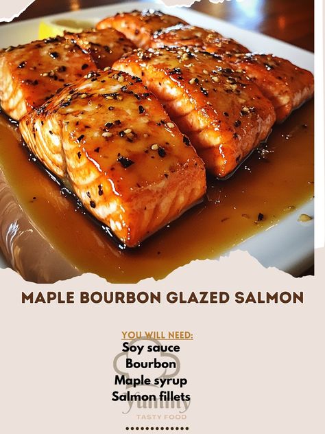 🥃🐟 Elevate your dinner with Maple Bourbon Glazed Salmon! A flavorful dish that’s both healthy and delicious! #SalmonRecipe Maple Bourbon Glazed Salmon Ingredients: Salmon fillets (4, skinless) Maple syrup (1/2 cup) Bourbon (1/4 cup) Soy sauce (2 tbsp) Garlic (2 cloves, minced) Olive oil (1 tbsp) Black pepper (1/2 tsp) Instructions: In a bowl, whisk together maple syrup, bourbon, soy sauce, garlic, and black pepper. Marinate salmon fillets in the mixture for at least 30 minutes. Preheat ov... Bourbon Bacon Pecan Salmon, Maple Bourbon Salmon, Bourbon Salmon Recipes, Maple Soy Salmon, Marinate Salmon, Bourbon Salmon, Bourbon Glazed Salmon, Bourbon Maple Syrup, Soy Sauce Garlic