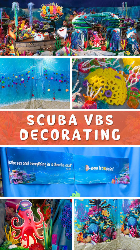 Shelves of coral reef clothed in the vibrant colors of diverse sea creatures bring a new meaning to the concept of living water. Your Scuba Vacation Bible School décor will light up your church with glistening water and colorful undersea beauty. It’s a visual experience kids and families will remember for years to come! Under The Sea Bible School Crafts, Scuba Vbs 2024 Sticky Scripture, Vacation Bible School Decorations, Scuba Vacation Bible School, Scuba Vbs 2024 Decorations, Vbs Scuba Decor, Scuba Decorations, Scuba Vbs Decorations, Vacation Bible School Ideas