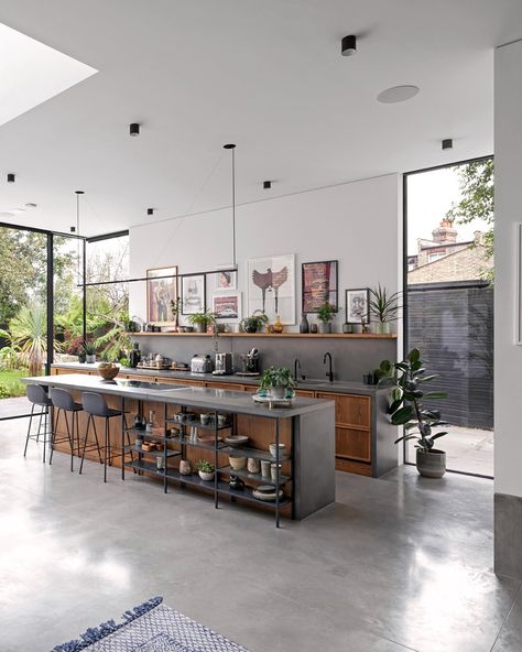 Concrete And Wood Kitchen Island, Factory Kitchen Design, Poured Concrete Kitchen Floor, Polished Concrete Floor Kitchen Modern, Concrete Finish Kitchen, Polished Concrete Floor Interior Design, Grey Polished Concrete Floor, Kitchens With Polished Concrete Floors, Concrete Worktops Kitchen