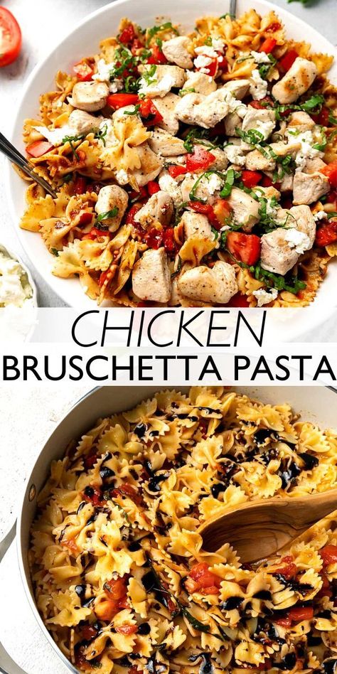 This easy Chicken Bruschetta Pasta is packed with tender chicken, zesty tomatoes, and basil in a sweet and tart balsamic sauce. Chicken Pasta With Burrata, Basil Chicken Pasta Recipes, Pasta With Balsamic Glaze, Balsamic Chicken Tortellini, Balsamic Chicken Casserole, Basalmic Chicken Pasta, Balsamic Glaze Pasta, Bruschetta Chicken Bowl, Bruchetta Chicken And Pasta