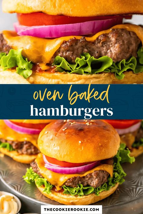 Baked Hamburgers are delicious and easy! Learn how to cook burgers in the oven for a juicy, delicious burger. When you broil hamburgers in the oven you get an easy and quick way to make them any time of year, without a grill. Add cheese, your favorite toppings, and enjoy! #thecookierookie #hamburgers #burgers Easy Burgers In The Oven, Hamburgers In The Oven, Burgers In The Oven, Cook Burgers In Oven, Bake Burgers In Oven, Best Oven Burger Recipe, How Long Do You Bake Hamburgers In The Oven, Broiled Burgers, Homemade Burger Patties