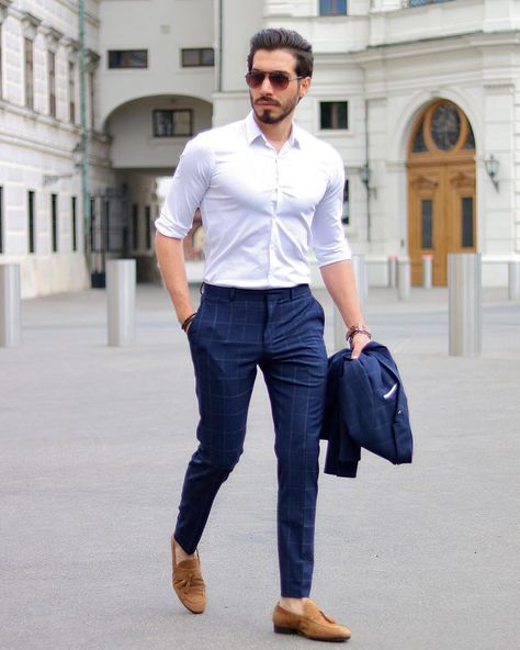 Mens Fashion on Instagram: “1, 2, 3, 4, 5, 6 or 7? Comment below 👇 Follow @myfashionman for more!💯 . . #menstagram #suit #handsome #stylish #malemodel #guys #gq…” White Shirt And Blue Pants Men, Blue Slacks White Shirt Outfit Mens, Brown Pants White Shirt Men, Navy Blue Formal Pants Outfit Men, White Shirt Blue Pants Men Formal, Blue Suit Pants Men Outfits, Blue Shirt White Pants Outfit Men, Blue Pants Outfit Men, Blue Trousers Men