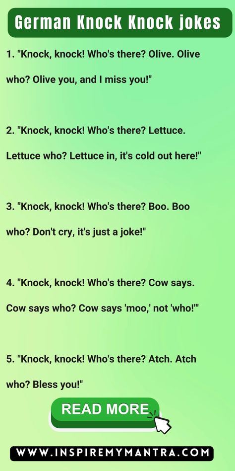 german knock knock jokes Knock Knock Jokes Funny Hilarious, German Jokes, Knock Knock Jokes Funny, German Humor, Hilarious Puns, Witty One Liners, Funny Puns Jokes, Puns Jokes, Casual Indian Fashion