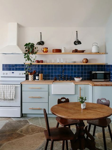 Home Studios, Blue Backsplash, Blue Kitchen Cabinets, Tiny Spaces, Coastal Chic, Blue Tiles, Blue Kitchens, Kitchen Tiles, Interior Design Trends