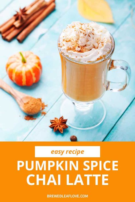 Nothing warms up a cold day like a pumpkin spice chai latte! Here's an easy recipe you can make at home to get in the fall spirit today! Pumpkin Spice Tea Recipe, Chia Latte Recipe, Pumpkin Spice Chai Latte Recipe, Pumpkin Spice Chai Latte, Spiced Tea Recipe, Pumpkin Chai Latte, Pumpkin Spice Chai, Chai Tea Latte Recipe, Homemade Chai Tea