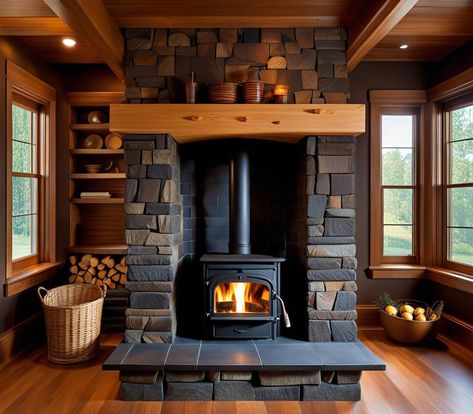 build a mantel around wood stove - Search Wood Stove Tv Above, Freestanding Wood Stove Hearth Ideas, Free Standing Stove Living Rooms, Wood Burning Stove Surround Ideas, Wood Stove With Tv Above, Brick Wood Stove Surround, Tv Above Wood Burning Stove, Wood Stove With Mantle, Small Mixed Pebble Rock Wood Stove Wall