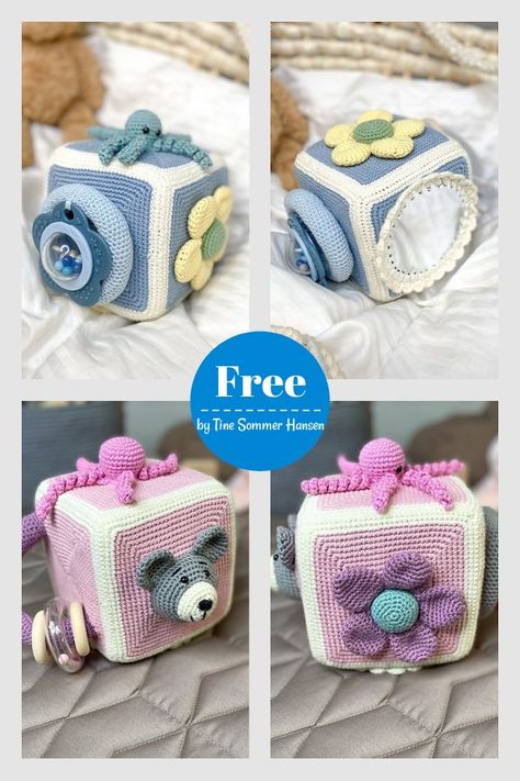 Activity Cube Crochet, Crochet Activity Cube Pattern Free, Crochet Sensory Cube, Quiet Book Crochet Patterns Free, Crochet Educational Toys Free Patterns, Baby Toy Crochet Patterns Free, Crochet Quiet Book Patterns Free, Crochet Sensory Toys Free Pattern, Crochet Baby Mobile Free Pattern