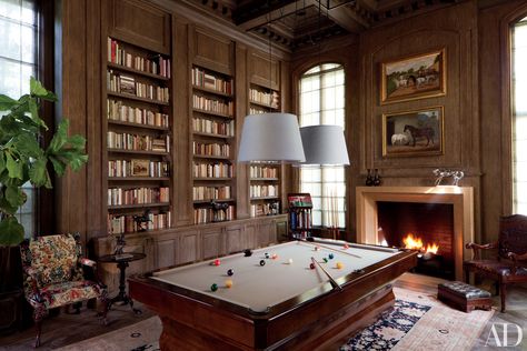 14 Beautiful Billiard Rooms Where You Can Play in Style Photos | Architectural Digest Billiard Room Decor, High Ceiling Decorating, Billards Room, Mint Office, Billiards Room Decor, Snooker Room, Pool Table Room, Billiards Room, Pool Hall