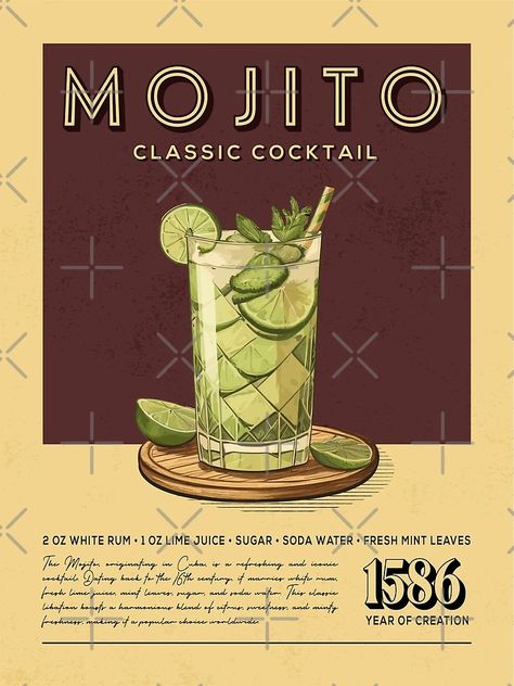 "Mojito Cocktail Vintage Recipe Poster" Poster for Sale by Vintaprints-co | Redbubble Vintage Cocktail Poster, Cocktail Magazine, Mojito Aesthetic, Mojito Poster, Drink Prints, Drink Posters, Kitchen Conservatory, Recipe Poster, Beverage Poster