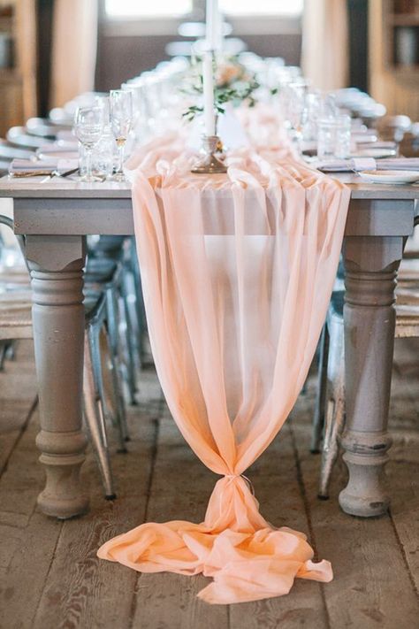 Peach Chiffon Table Runner | Svetlana Photography | http://heyweddinglady.com/summer-brunch-wedding-ideas-peach-blue/ Chiffon Table Runner, Wedding Runner, Wedding Color Trends, Long Table Runner, Summer Brunch, Table Runners Wedding, Peach Wedding, Brunch Wedding, Wedding Table Centerpieces